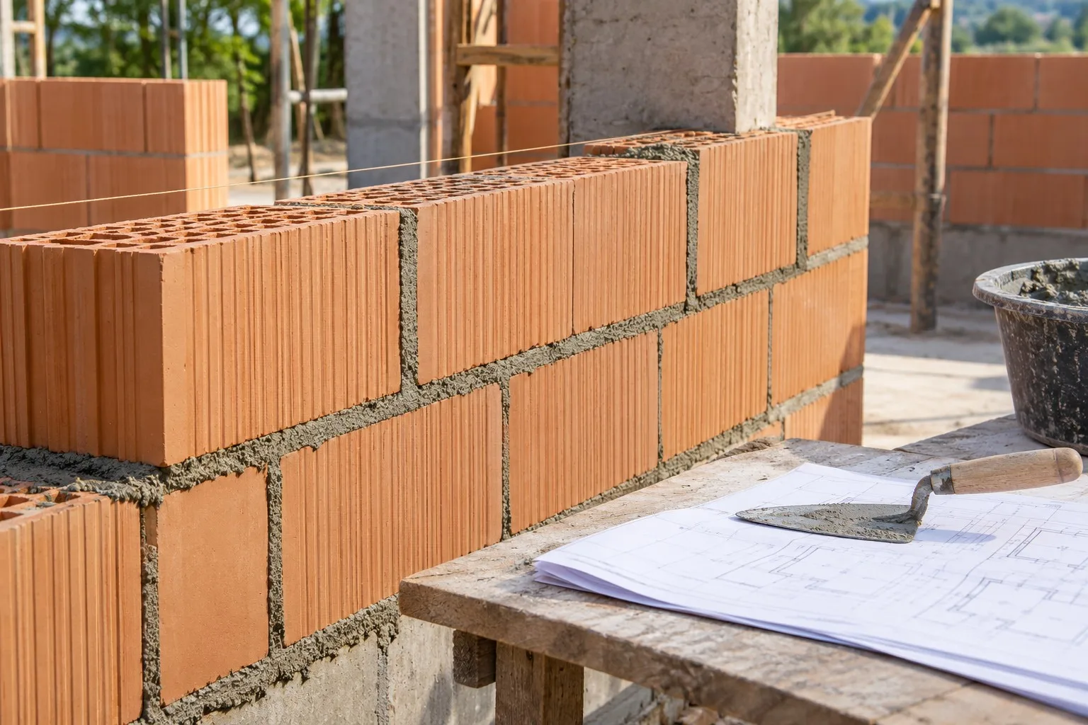 Mauerwerk aus Ziegelbausteinen mit Kelle und Planunterlagen auf einer Arbeitsfläche.